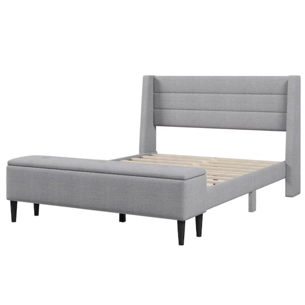 Benjara Gray Wood Frame Queen Platform Bed Frame with Storage Ottoman Bench and Tufted Headboard
