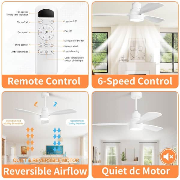 48 in. Modern Downrod Mount White Wood Ceiling Fan with 3 Solid Wood Blades, Light Included, Remote, Reversible DC Motor