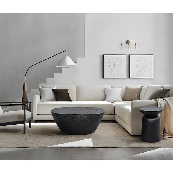 The Urban Port Josi 36 in. Matte Black Round Metal Handcrafted Coffee Table with  Hammered Design