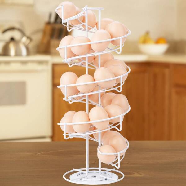 Spiral Metal Egg Dispenser Rack for Decorative Display and Indoor Storage Use, 360° Rotatable, Non-Slip Base, White