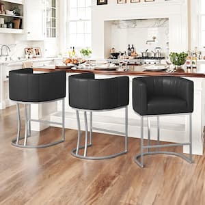 Siska 26 in.Modern Black Fabric Upholstered Counter Stool with Silver Metal Frame Barrel Counter Bar Stool Set of 3