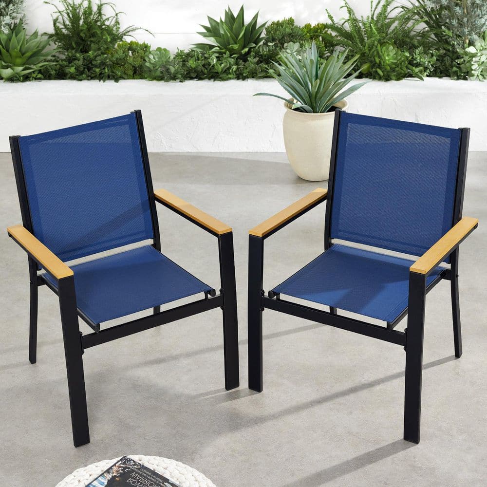 Set of 2 Blue Metal Armchairs with Wooden Armrests