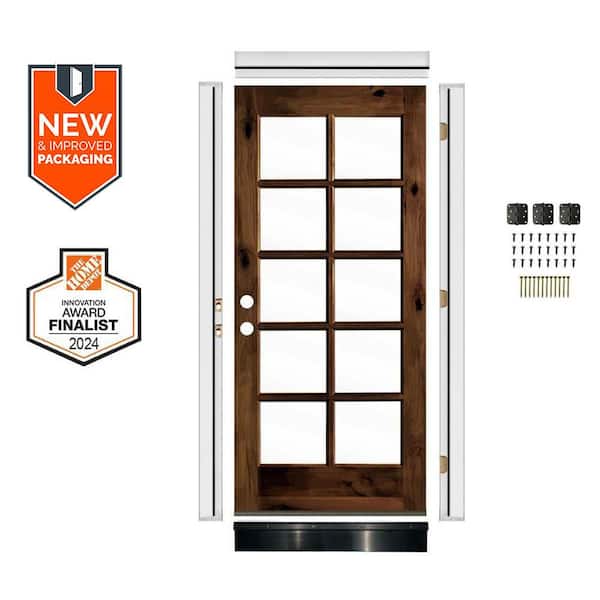 DIY 32 in. x 80 in. Alder Right-Hand 10Lite Clear Glass Red Mahogany Stain Wood Front Door Kit w/ Quick Assemble Jamb