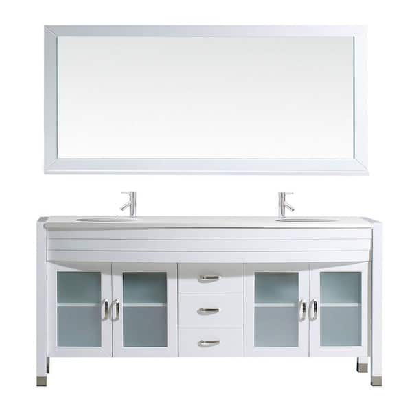 Virtu USA Ava 71 in. W Bath Vanity in White with Stone Vanity Top in White with Round Basin and Mirror and Faucet