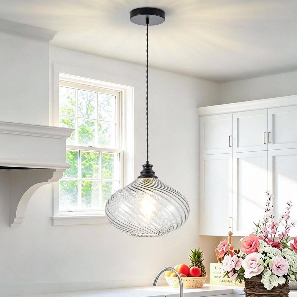 1-Light 10.6 in. Black Kitchen Island Pendant Light Modern Hanging Light with Swirl Ribbed Glass for Dining Living Room price history on PriceWatchPro