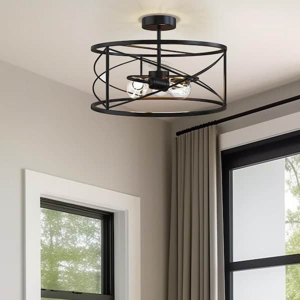 Briignite 14.57 in.3-Light Matte Black Semi- Flush Mount with Drum Cage for Bedroom Hallway