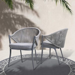 Stationary Aluminum and Woven Rope Outdoor Arm Dining Chair with Removable Grey Cushions (2-Pack)