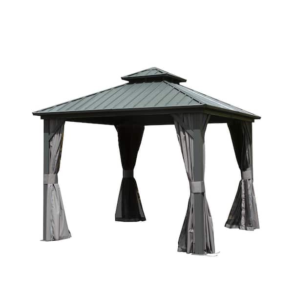 PARASOLAR 10 ft. x 10 ft. Hardtop Gazebo, Aluminum Metal Gazebo with Galvanized Steel Double Roof Canopy, Curtain and Netting