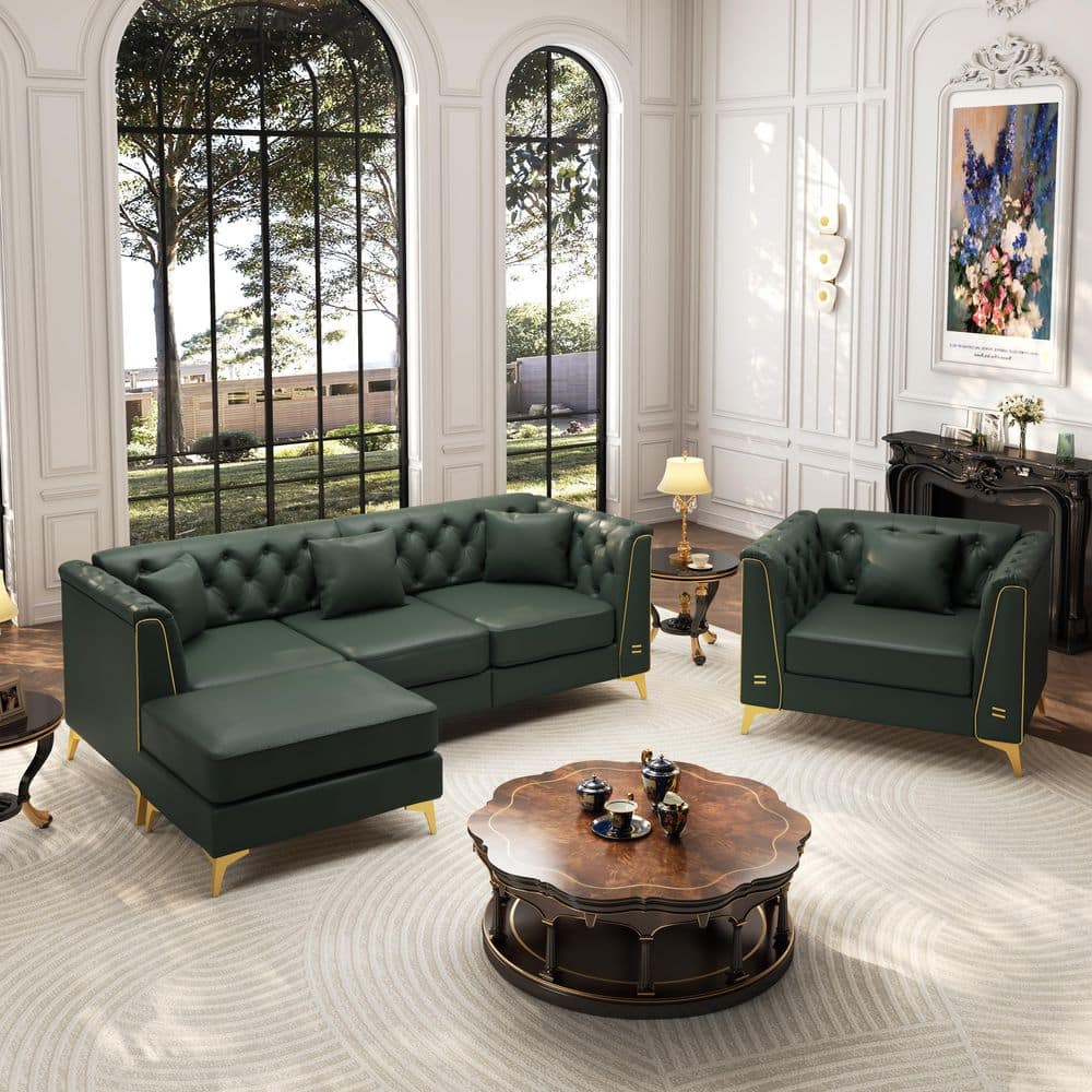 Modern Modular Chesterfield 3-Piece Green Faux Leather Living Room Set with Ottoman and 4-Pillows