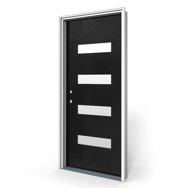 36 in. x 80 in. Right-Hand 4-Lite Flush Frosted Glass Black Fiberglass Front Door Slab with Frame, Hinges, Threshold