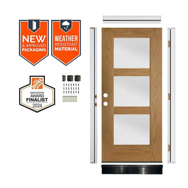 36in.x79in. 3-Lite RH Inswing Frosted Glass Bourbon Stain Fiberglass AssemblyRequired Front Door Kit w/QuickAssembleJamb