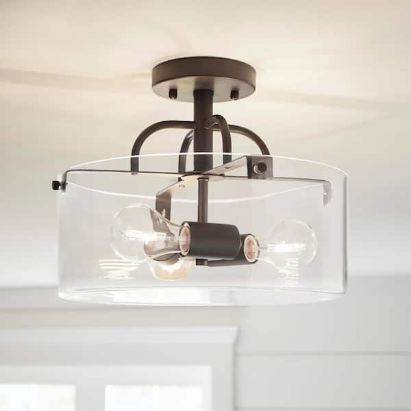 Home Decorators Collection Shirwell 3-Light Bronze Semi-Flush Mount with Clear Glass Shade