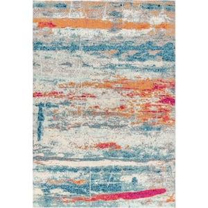 Contemporary Pop Modern Abstract Brushstroke Cream/Blue 4 ft. x 6 ft. Area Rug