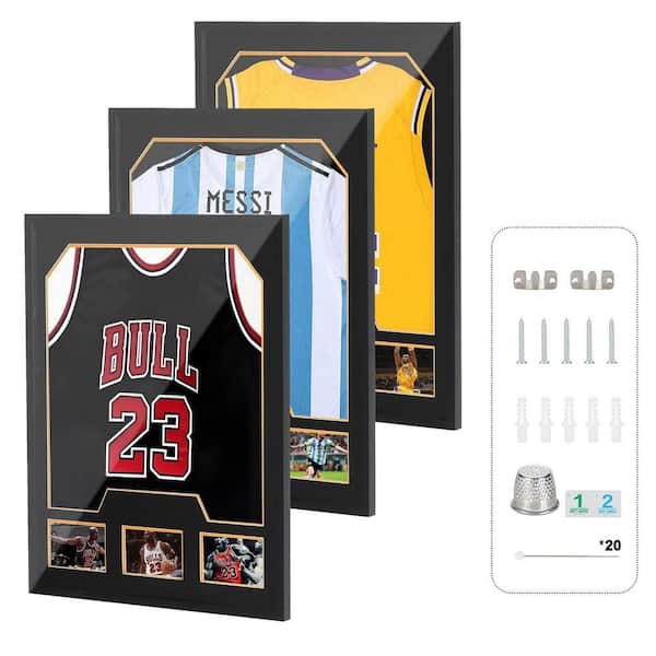 Black 31.5 in x 23.6 in Wood Shadow Box Display Case, Jersey Frame with Picture Slots and 98% UV Protection (3-Pack)