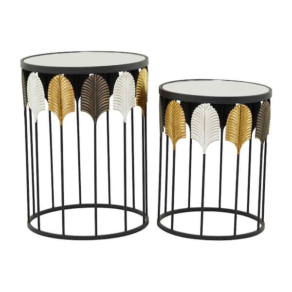 Litton Lane 18 in. Black Leaf Large Round Glass End Accent Table with Mirrored Glass Top (2- Pieces)