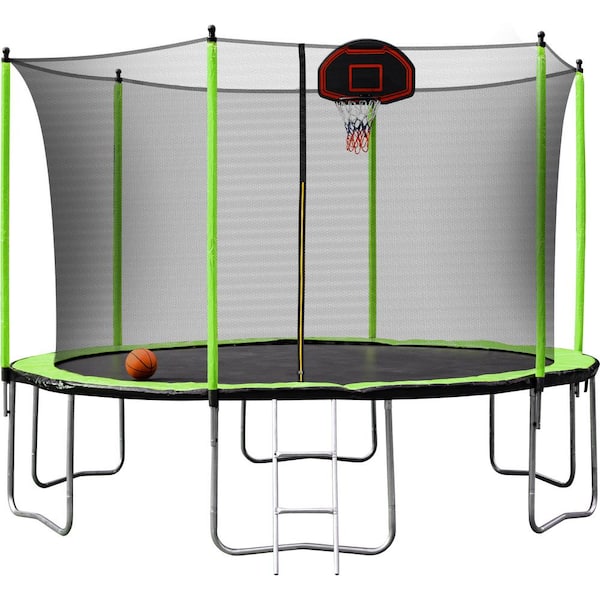 Tatayosi 14 ft. Green Outdoor Trampoline with Basketball Hoop Inflator and Ladder