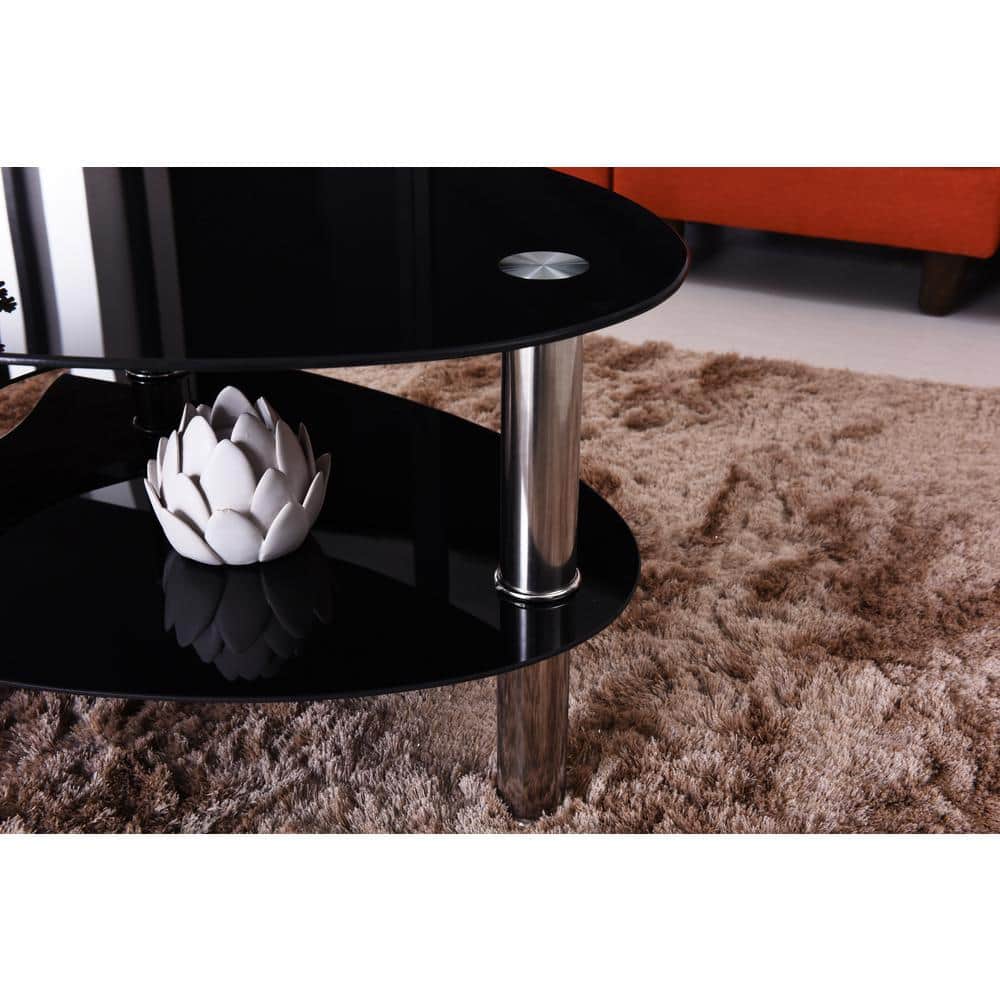 Oval Black Tempered Glass Coffee Table with Silver Frame