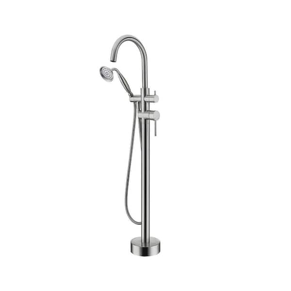Unbranded 1-Handle Free Standing Floor Mount Tub Faucet Bathtub Filler with Hand Shower in Brushed Nickel