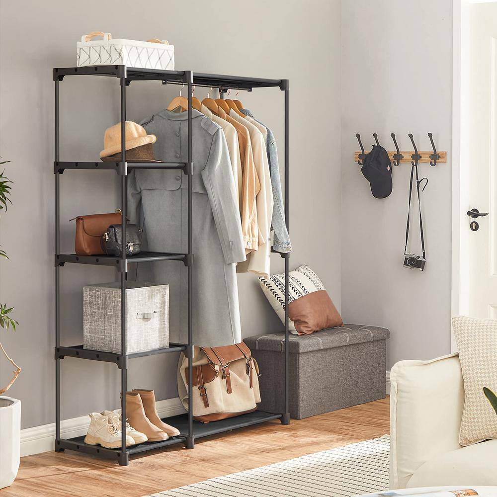 Black Freestanding Closet Organizer with Hanging Rods and Shelves