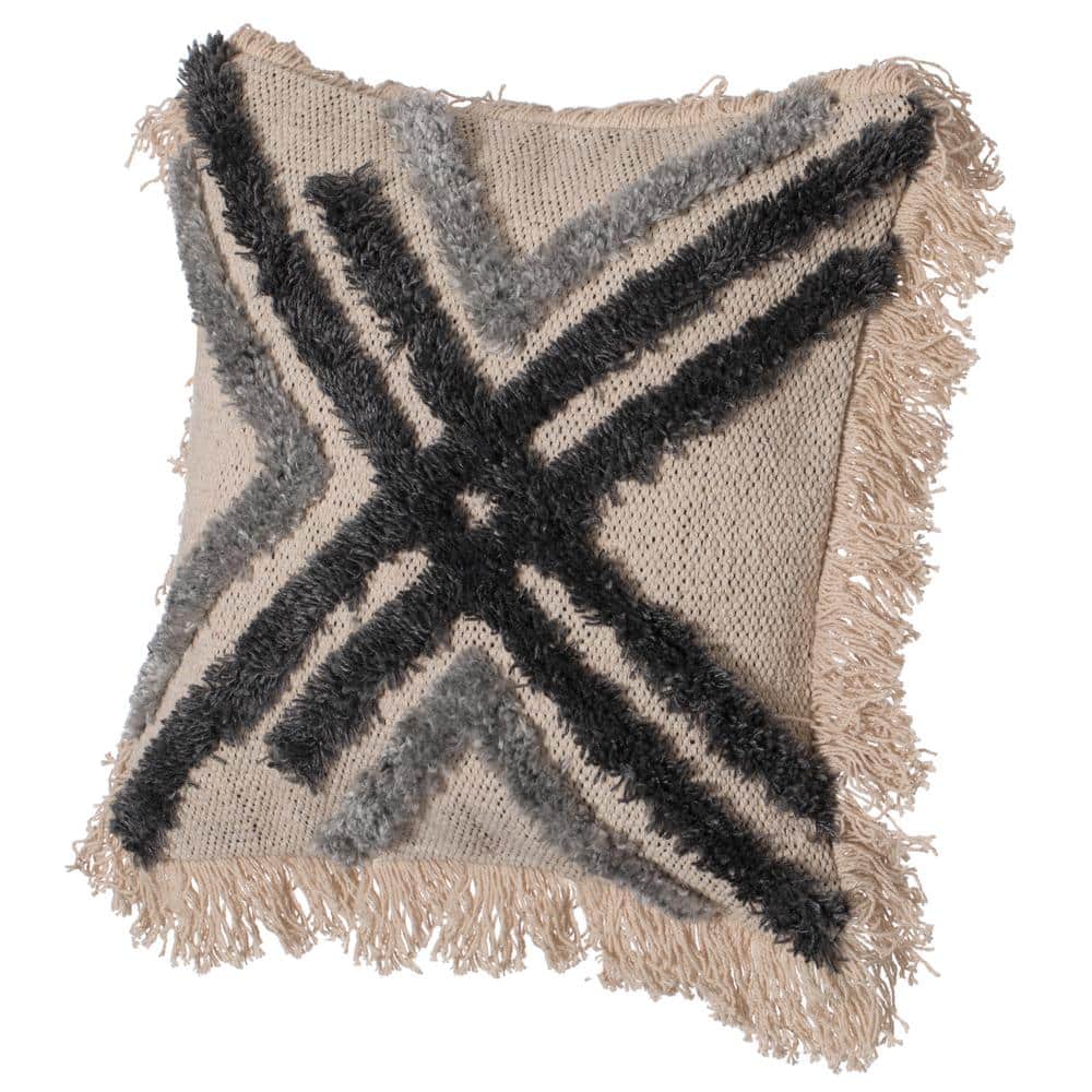 DEERLUX 16 in. x 16 in. Black and Natural Handwoven Cotton and Silk Throw Fringed Pillow Cover with Embossed Crossed Lines -  QI004299.CS