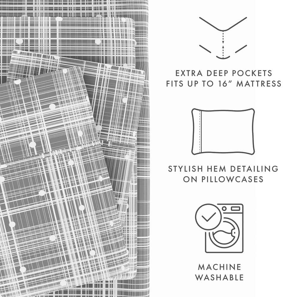 Gray and White Plaid Polka Dot Twin Sheet Set