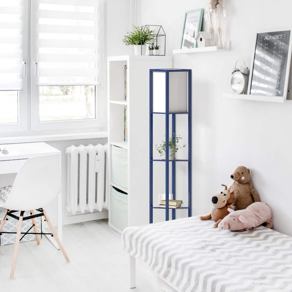 Navy Linen-Shade Floor Lamp with Organizing Storage Shelf