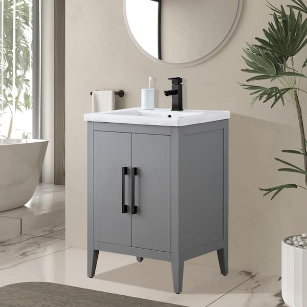 24 in. W x 18.5 in D x 34 in. H Single Sink Bathroom Vanity Cabinet in Cashmere Gray with Ceramic Top