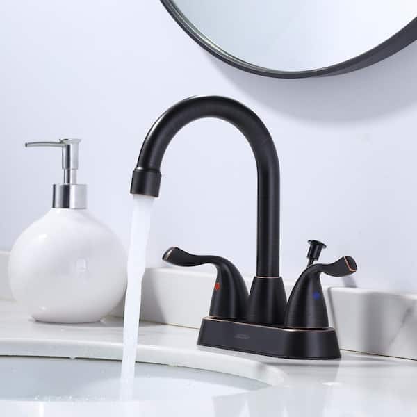 4 in. Centerset Double Handle High Arc Bathroom Faucet with Lift Rod Drain and Supply Lines in Oil Rubbed Bronze