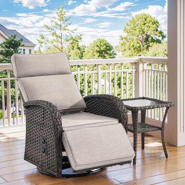 Rotavia Reclining 2-Piece Wicker Outdoor 360° Swivel Recliner with Beige Cushions, Adjustable Backrest, Side Table