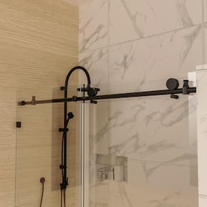 56-60 in. W x 74 in. H Sliding Semi-Frameless Shower Door in Black Walk-in Shower Design with Clear Glass