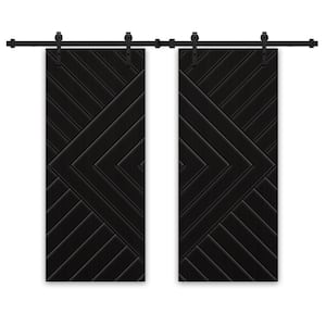 Chevron Arrow 48 in. x 84 in. Fully Assembled Black Stained MDF Double Sliding Barn Door With Hardware Kit