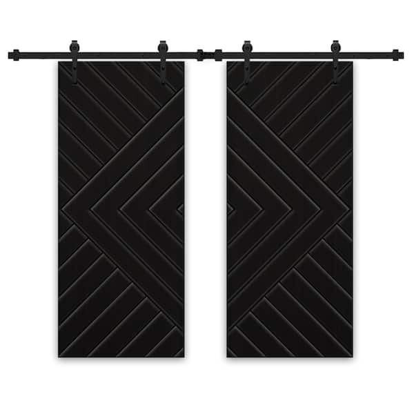 CALHOME Chevron Arrow 48 in. x 84 in. Fully Assembled Black Stained MDF Double Sliding Barn Door With Hardware Kit