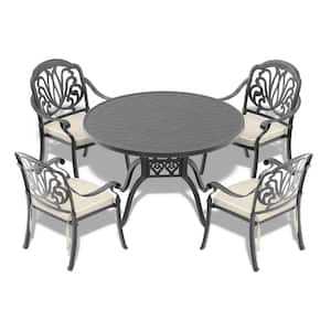 Elizabeth Black 5-Piece Cast Aluminum Outdoor Dining Set with 47.24 in. Round Table and Random Color Seat Cushions