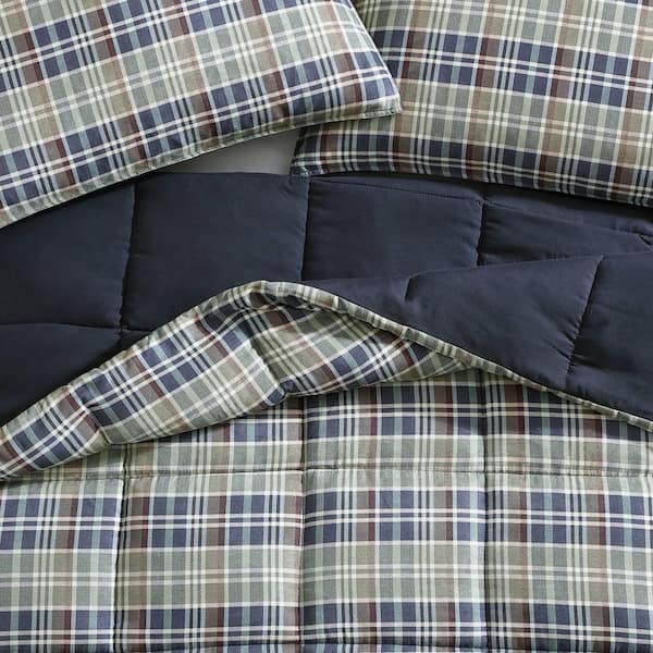 EDDIE BAUER Rugged 3-Piece Navy Blue Plaid Microsuede King