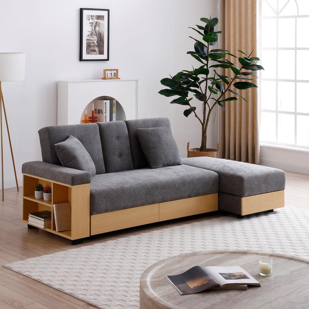 Z-joyee 84.65 in.Gray Cotton Full Size Sofa Bed with 2