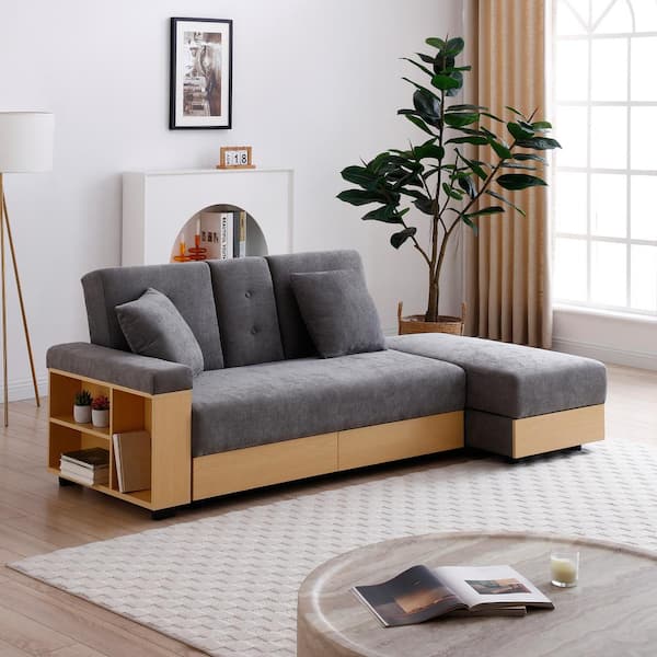 Z-joyee 84.65 in.Gray Cotton Full Size Sofa Bed with 2-Pillows