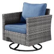 Messi Grey 8-Piece Wicker Outdoor Patio Fire Pit Conversation Sofa Set with Swivel Chairs and Denim Blue Cushions