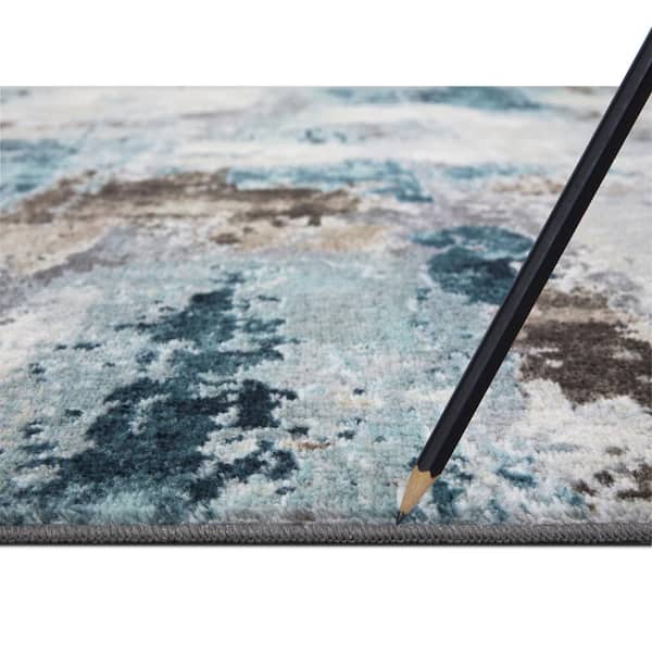 Eden Collection Abstract Ivory /Blue 2 ft. x 7 ft. Machine Washable Modern Indoor Area Rug