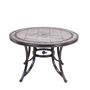 Brown 46 in. Round Cast Aluminum Outdoor Dining Table with Ceramic Tabletop and Umbrella Hole