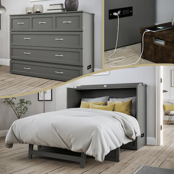 AFI Deerfield Murphy Bed Chest Full Atlantic Gray with Charger