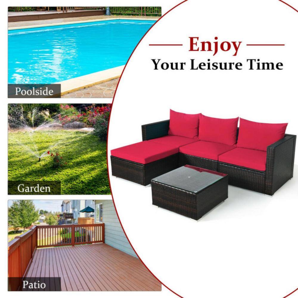 5-Piece Red Cushioned Rattan Patio Furniture Set with Ottoman