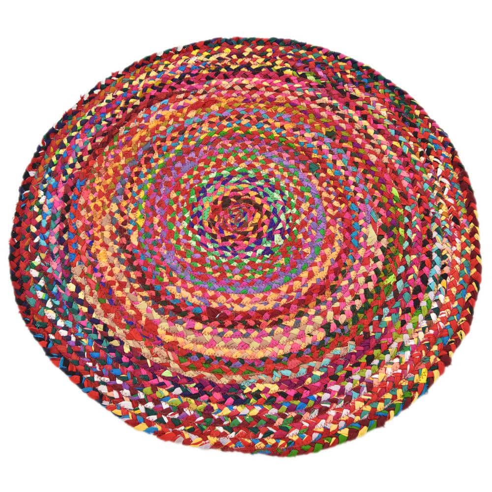 Handmade Boho Vibes Round Cotton Braided Rug, 3'3" - Blue & Multicolor