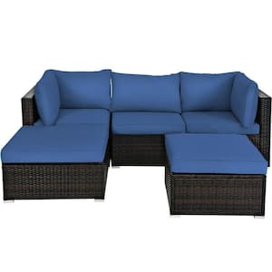 5-Piece Wicker Rattan Patio Conversation Set with Navy Cushion and Ottoman