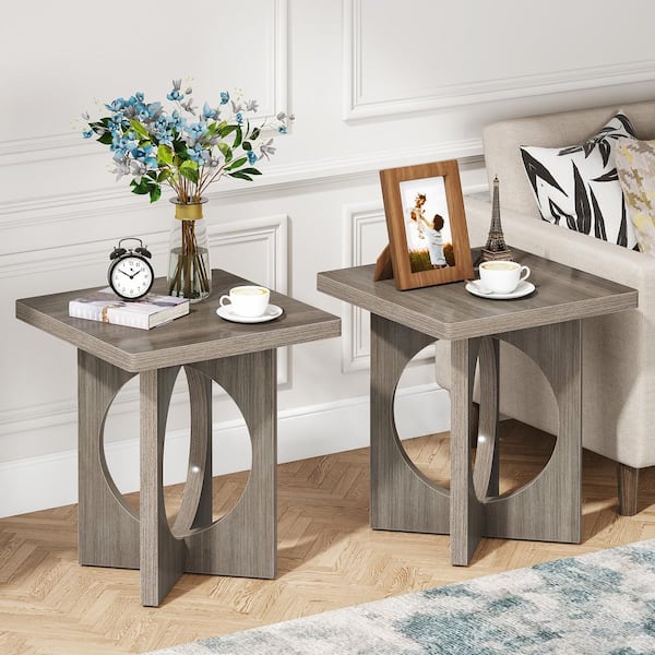 BYBLIGHT Kerlin 19.68 in. Gray Square Wood End Table with X-Shaped Base and Circular Cutouts for Living Room, Bedroom, Set of 2