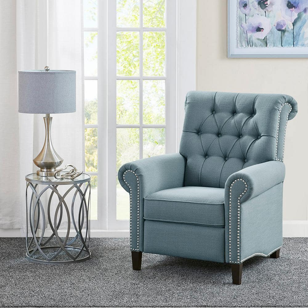 Transitional Blue Tufted Recliner with Bronze Nailhead Trim