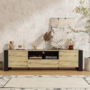 Black & Wood Grain TV Console, TV Stand Entertainment Center Fits TV's up to 75 in. with 2 Doors, 5 Shelves & 1 Drawer