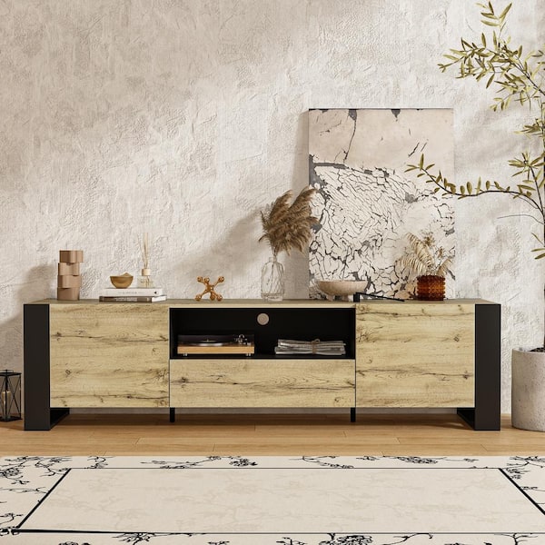 FUFU&GAGA Black & Wood Grain TV Console, TV Stand Entertainment Center Fits TV's up to 75 in. with 2 Doors, 5 Shelves & 1 Drawer