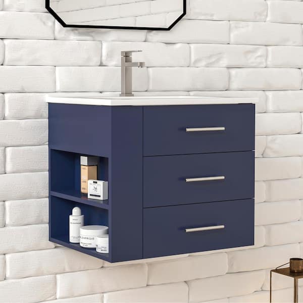 HOMEVY STUDIO Rita 24.25 in. W Single Sink Wallmount Bath Vanity with White Ceramic Top Countertop in Marine Blue with Left Side Shelf