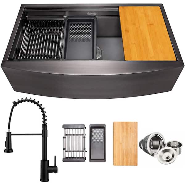 All-in-One Matte Black Finished Stainless Steel 33 in. x 22 in. Farmhouse Apron Mount Kitchen Sink with Faucet