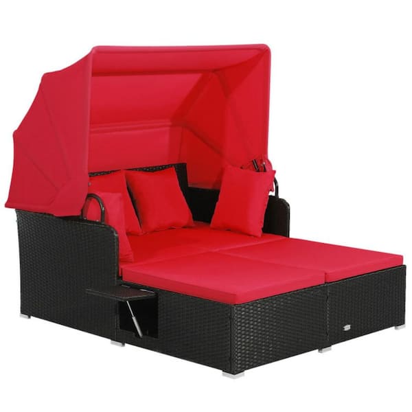 Kadehome Wicker Outdoor Day Bed with Canopy and Side Tables Red Cushions